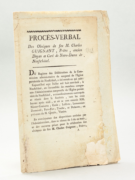 Procès-Verbal des Obsèques de feu M. Charles Guignant, Prêtre, ancien …
