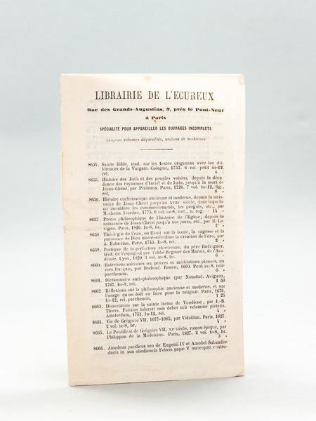 Librairie de l'Ecureux. Rue des Grands Augustins, 3, Près le …