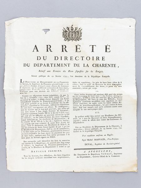 Arrêté du Directoire du Département de la Charente, Relatif aux …