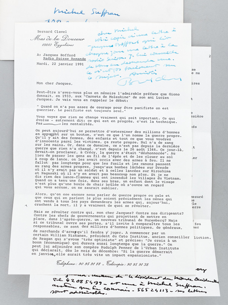2 très belles lettres de Bernard Clavel évoquant la guerre …
