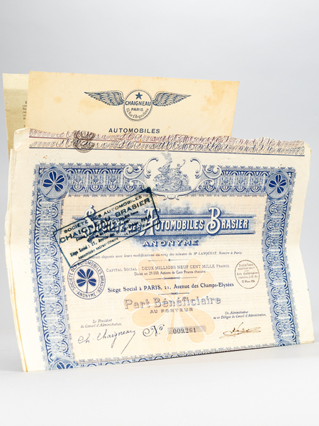 Lot de 4 documents relatifs aux automobiles Chaigneau-Brasier. I : …