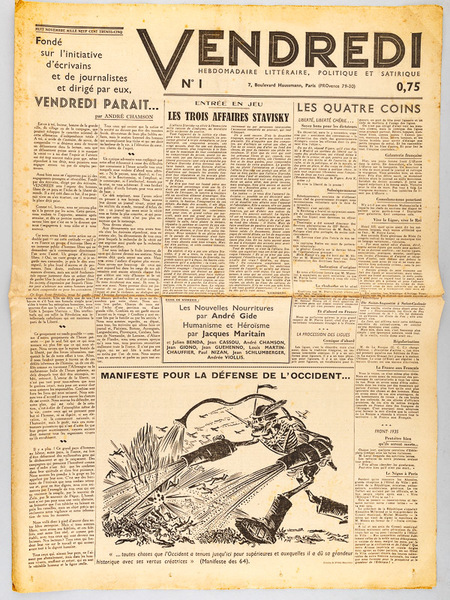 Vendredi. Hebdomadaire littéraire, politique et satirique. Numéro 1 : 8 …