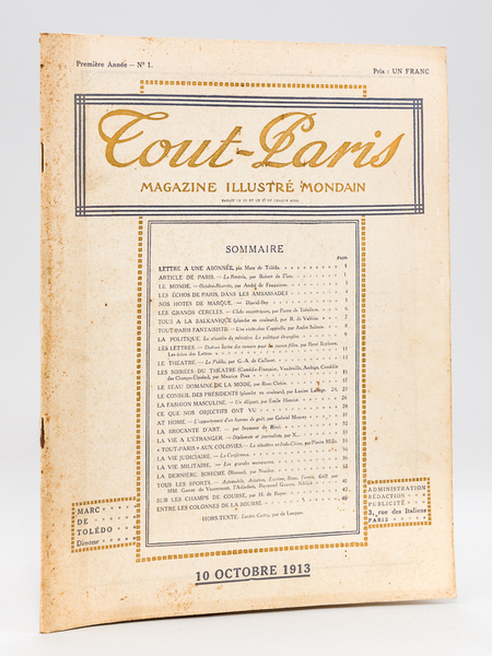 Tout-Paris. Magazine illustré mondain. Première année. N° 1 : 10 …