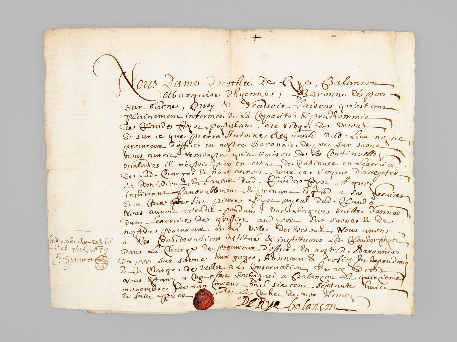 Acte de nomination daté de 1678, signé par Dorothee De …