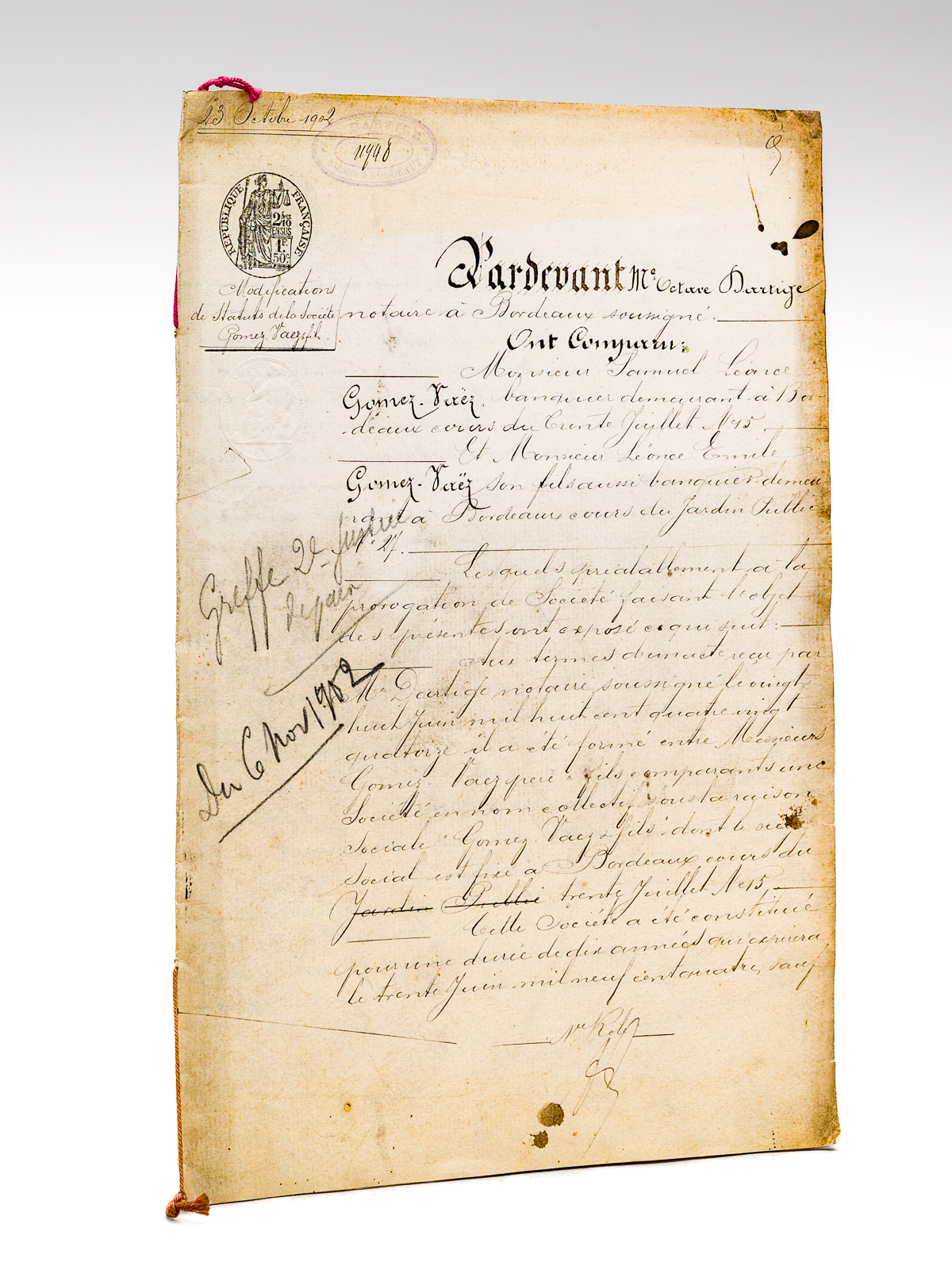Acte notarié (expédition) de modifications de Statuts de la Société …
