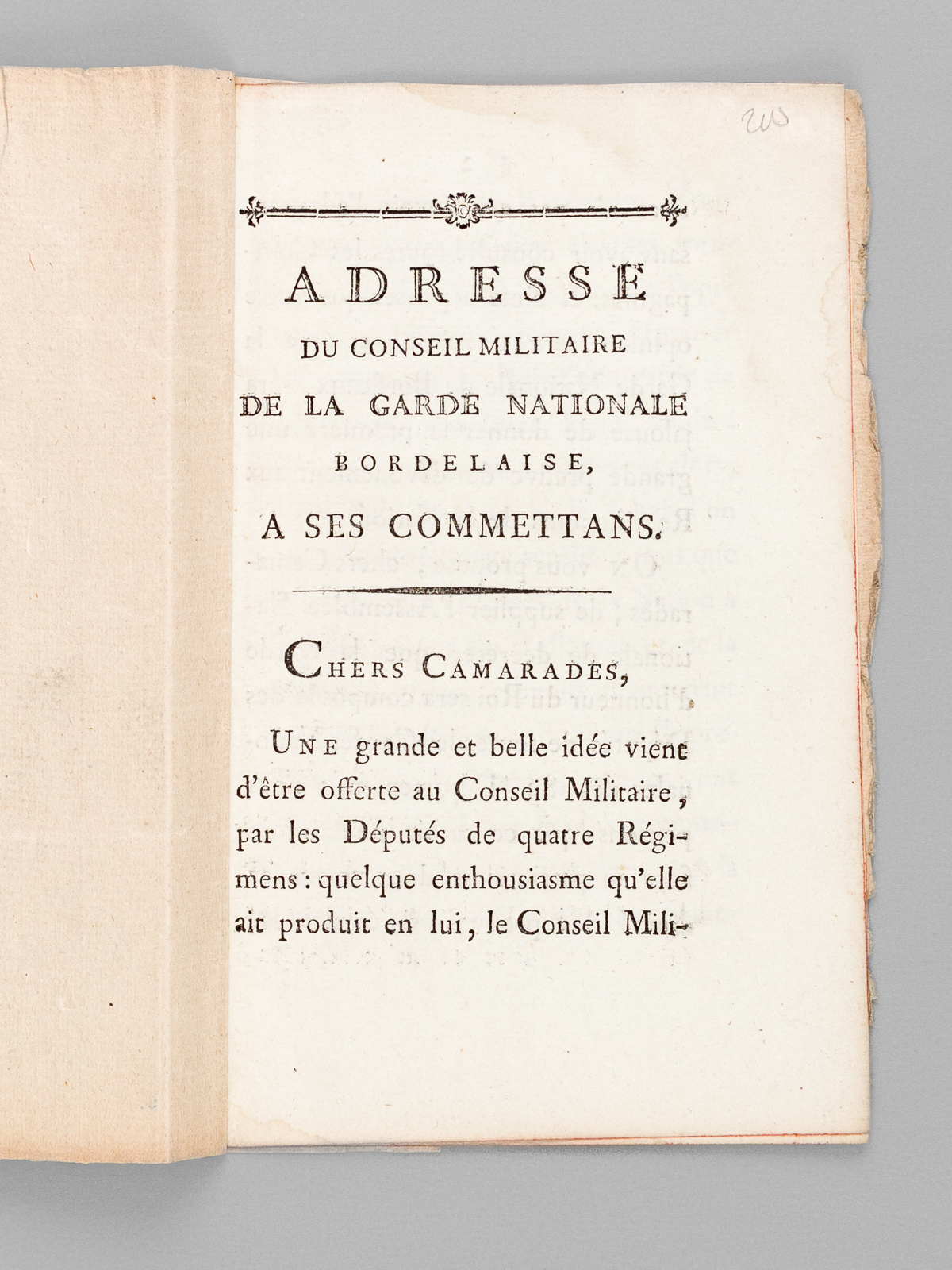 Adresse du Conseil Militaire de la Garde Nationale Bordelaise à …