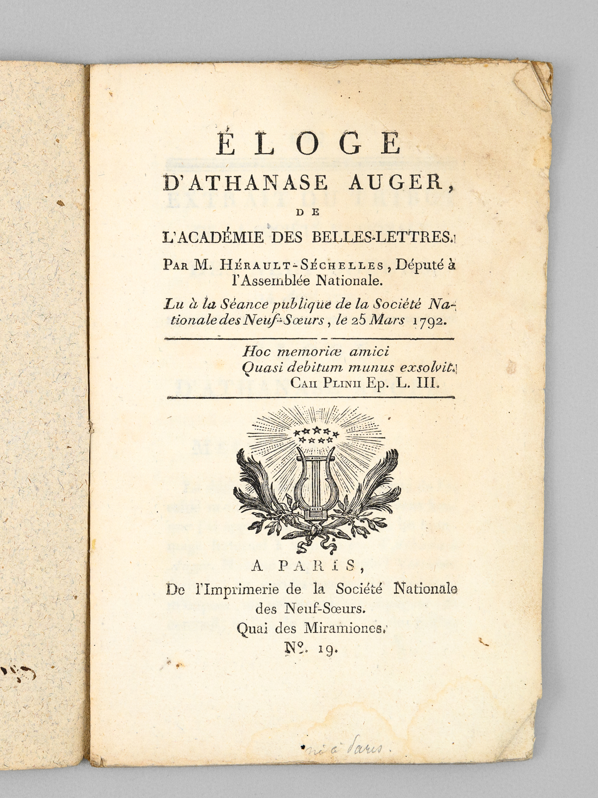 Eloge d'Athanase Auger de l'Acadélie des Belles-Lettres par M. Hérault-Séchelles, …