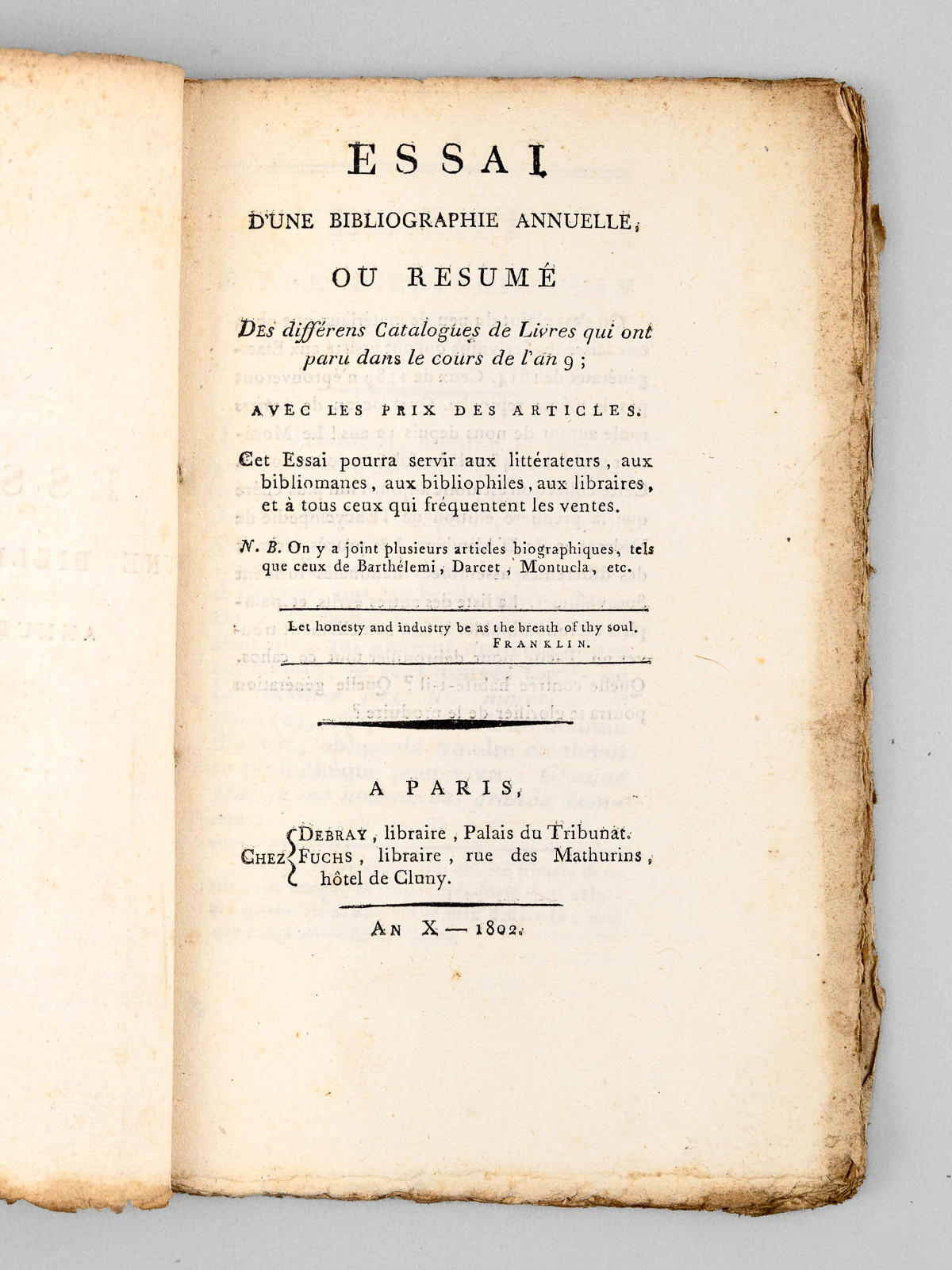 Essai d'une Bibliographie Annuelle, ou Résumé des différens Catalogues de …