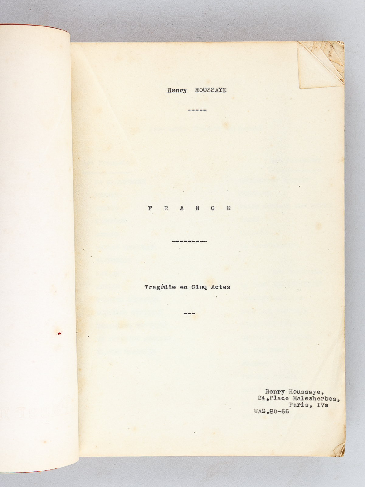 France. Tragédie en Cinq Actes [ Tapuscrit inédit signé par …