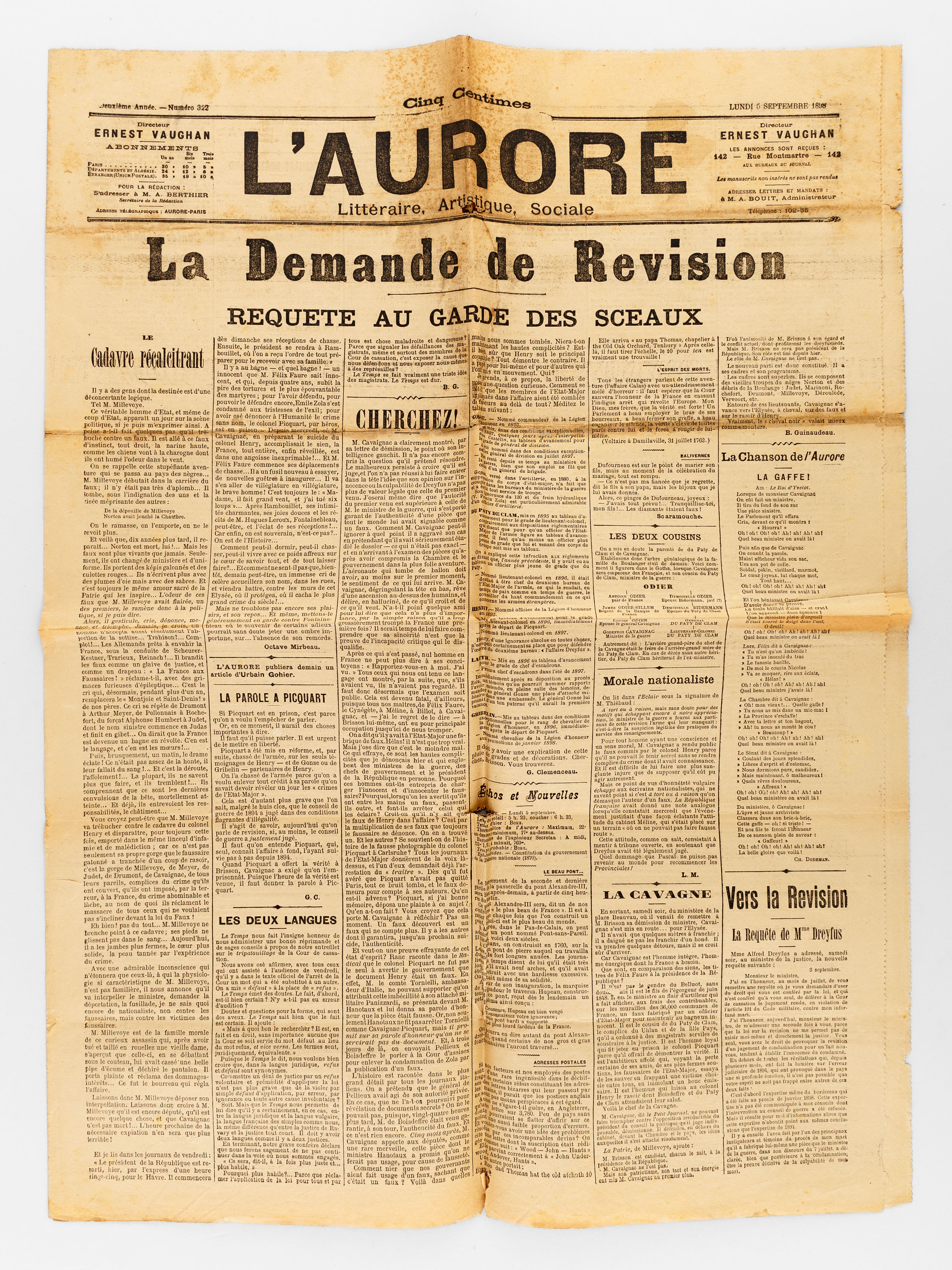 L'Aurore littéraire, artistique, sociale. Numéro 322 - Lundi 5 septembre …
