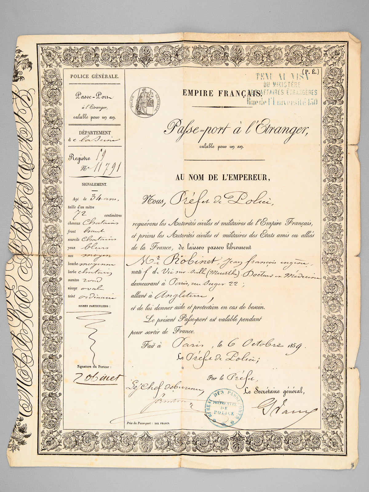 [ Passeport pour l'Angleterre du médecin d'Auguste Comte, l'historien et …