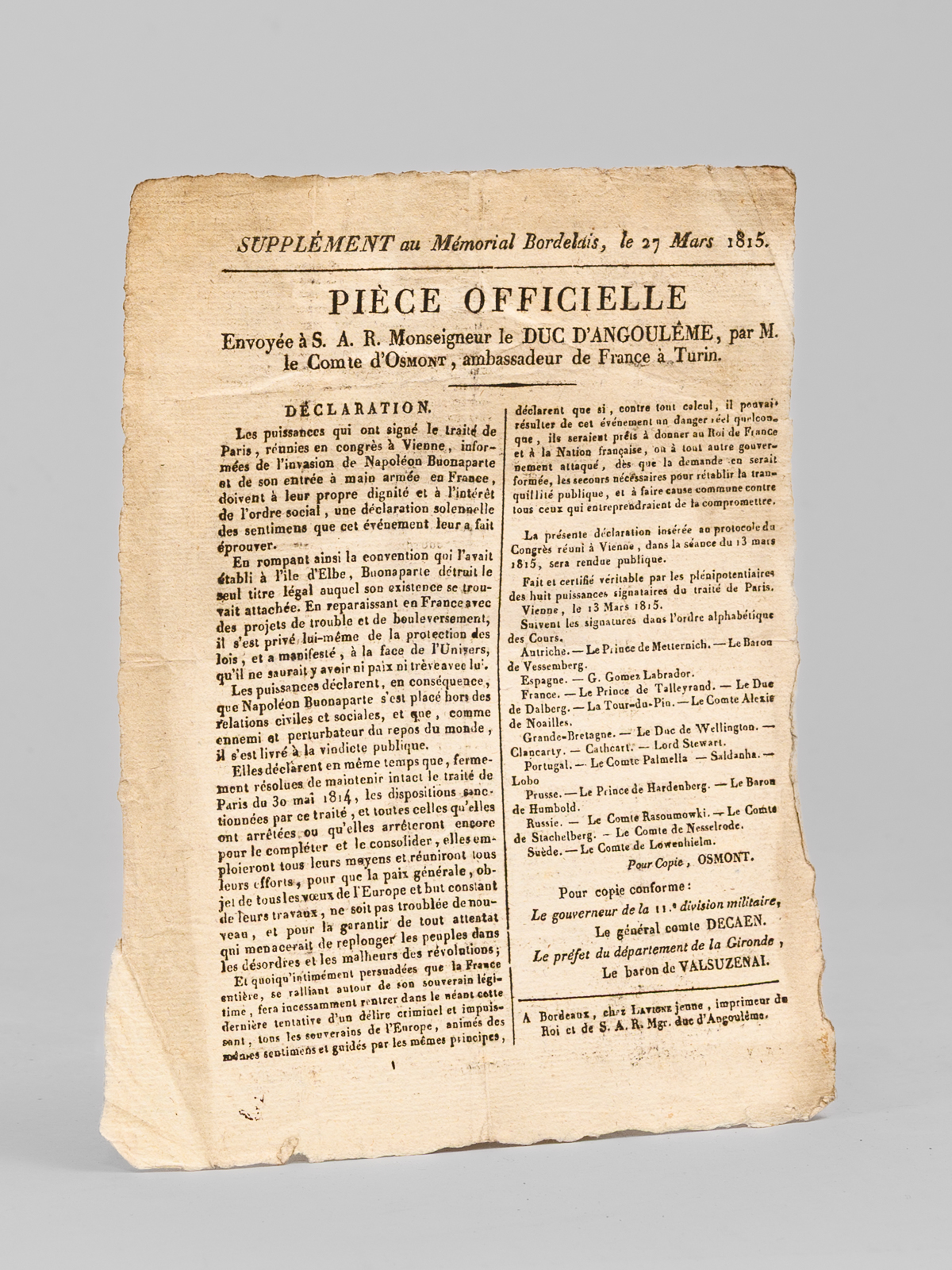 Pièce Officielle envoyée à S. A. R. Monseigneur le Duc …