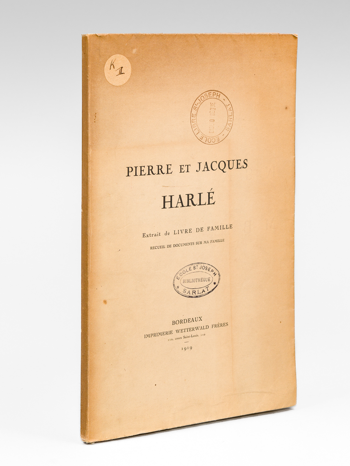 Pierre et Jacques Harlé. Extrait de Livre de Famille. Recueil …
