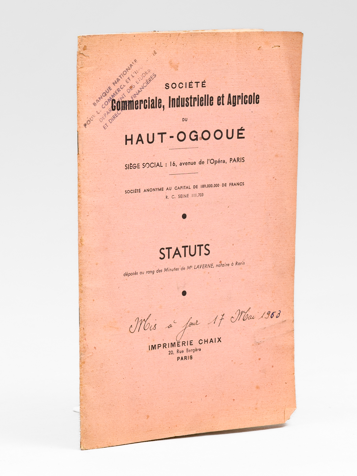 Statuts. Société Commerciale, Industrielle et Agricole du Haut-Ogooué.