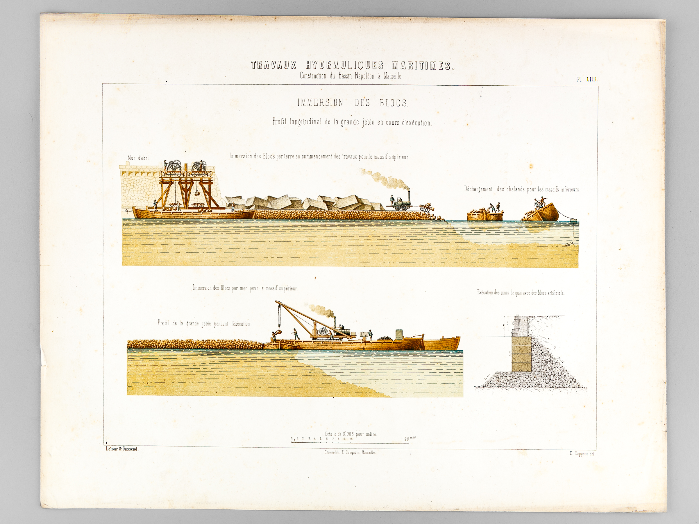 Travaux Hydrauliques Maritimes. Construction du Bassin Napoléon à Marseille. Chromolithographie …