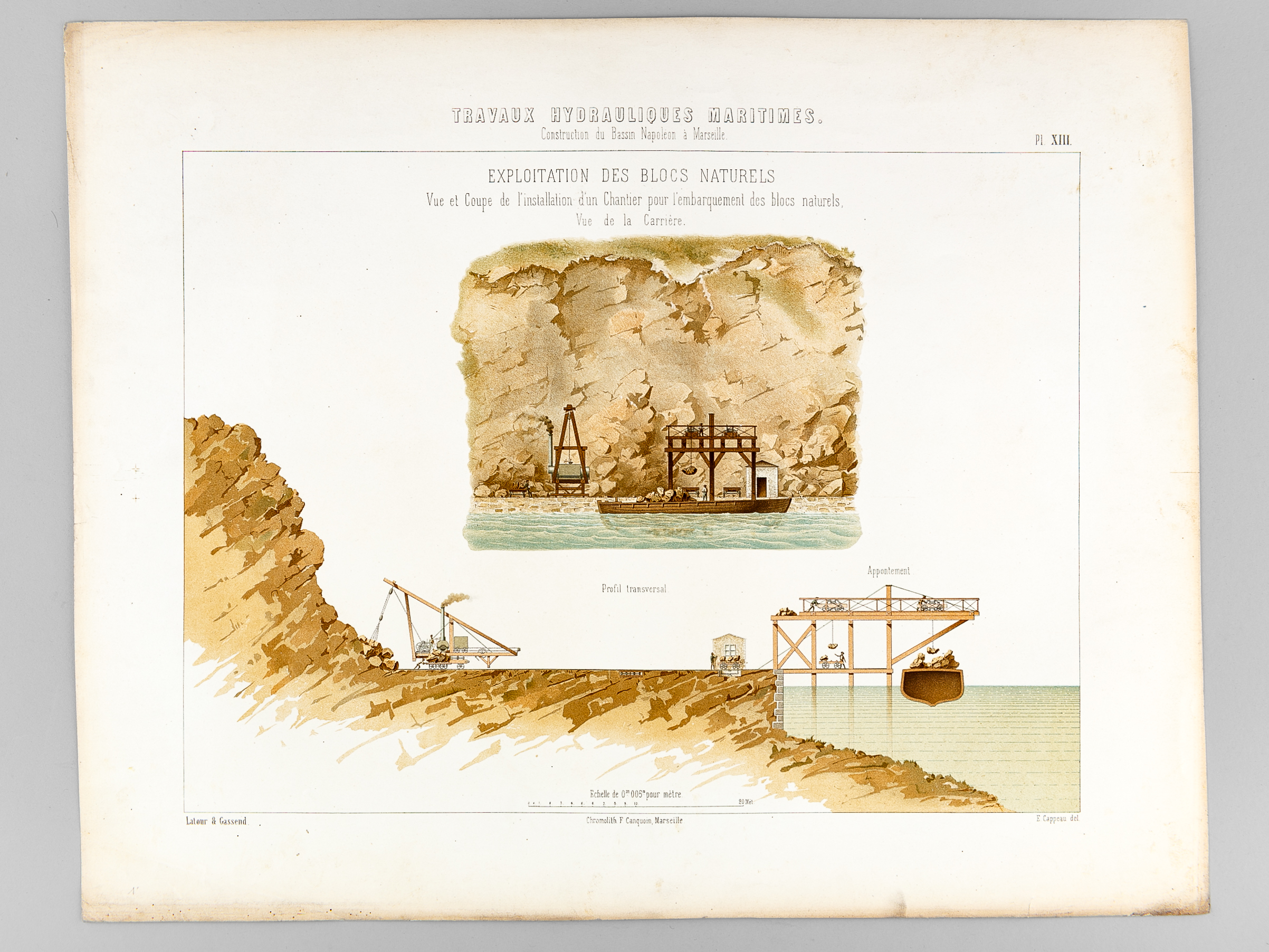 Travaux Hydrauliques Maritimes. Construction du Bassin Napoléon à Marseille. Chromolithographie …