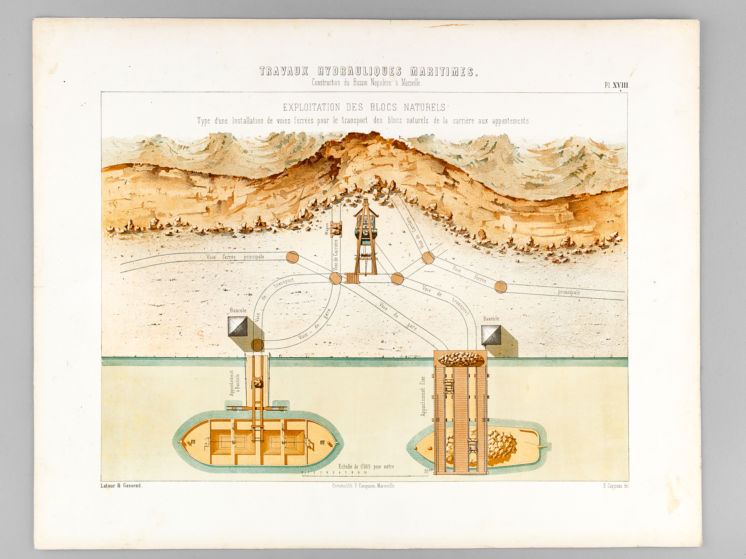 Travaux Hydrauliques Maritimes. Construction du Bassin Napoléon à Marseille. Chromolithographie …
