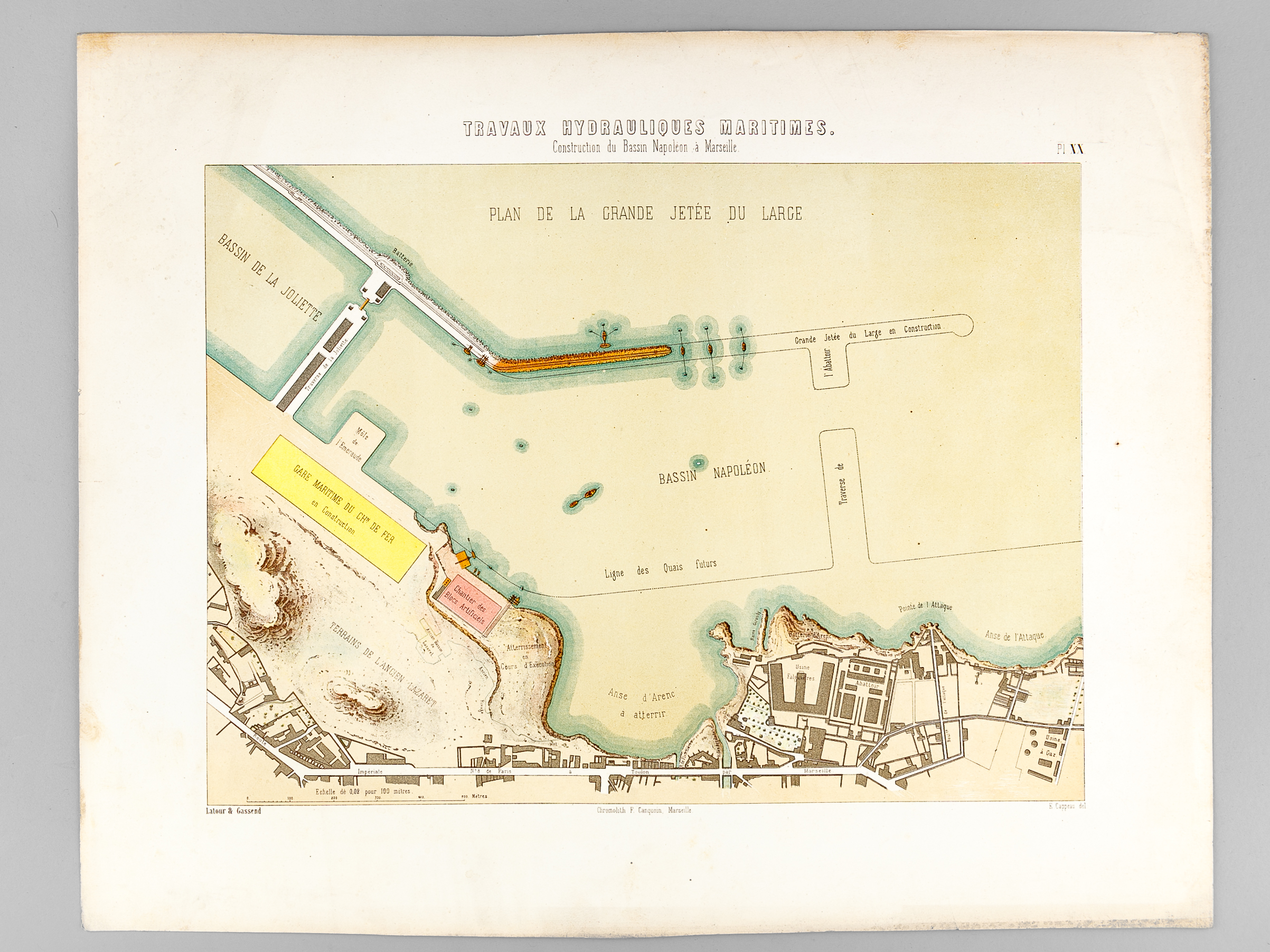 Travaux Hydrauliques Maritimes. Construction du Bassin Napoléon à Marseille. Chromolithographie …