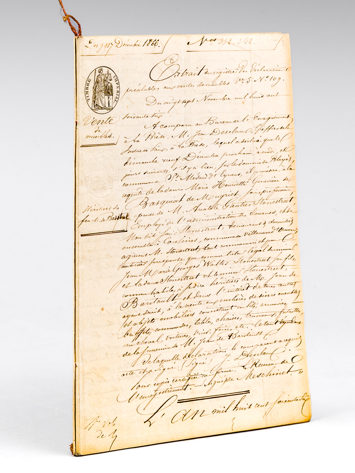 Vente aux enchères après décès, le 9 décembre 1866, Domaine …