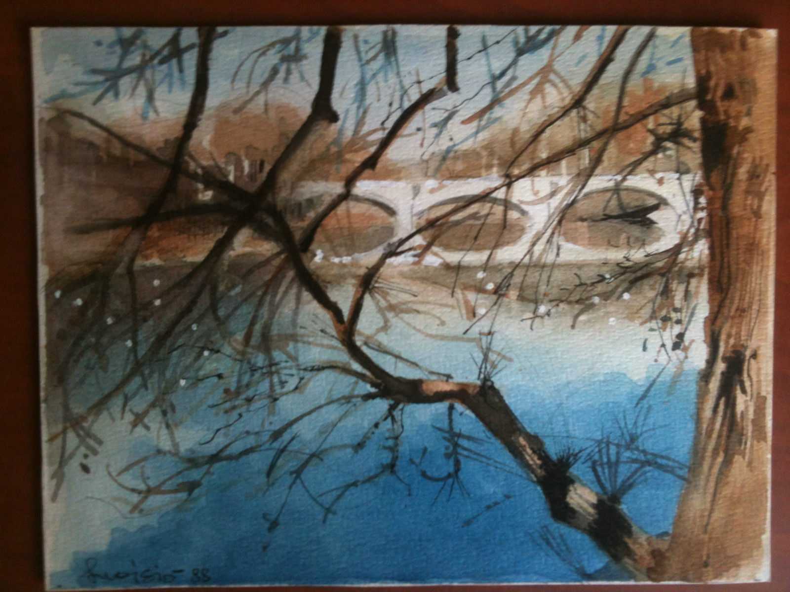 Acquerello originale 1988 "Torino, veduta del Po con ponte" Luoisiò? …