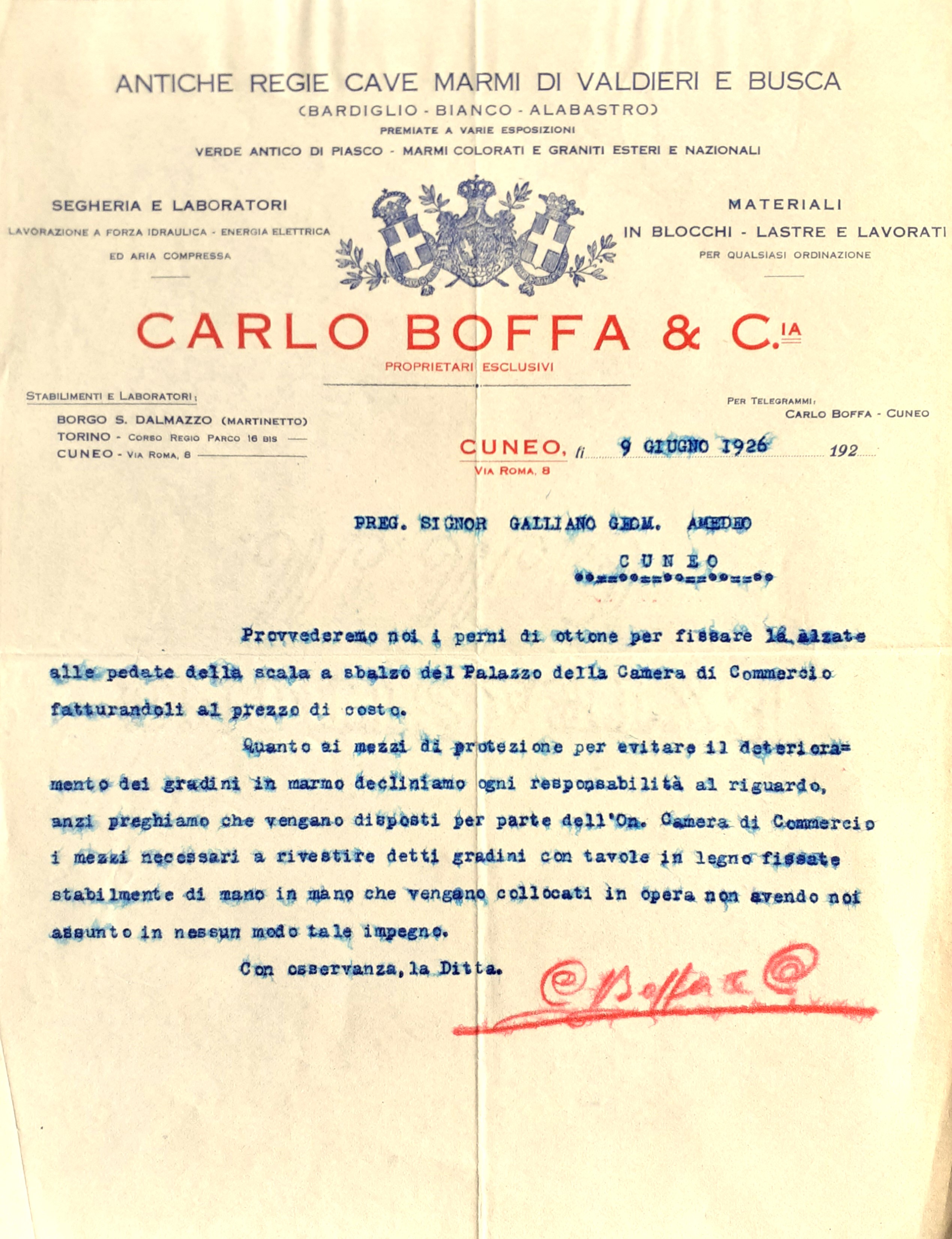 Antiche regie Cave marmi di Valdieri e Busca - Lettera …