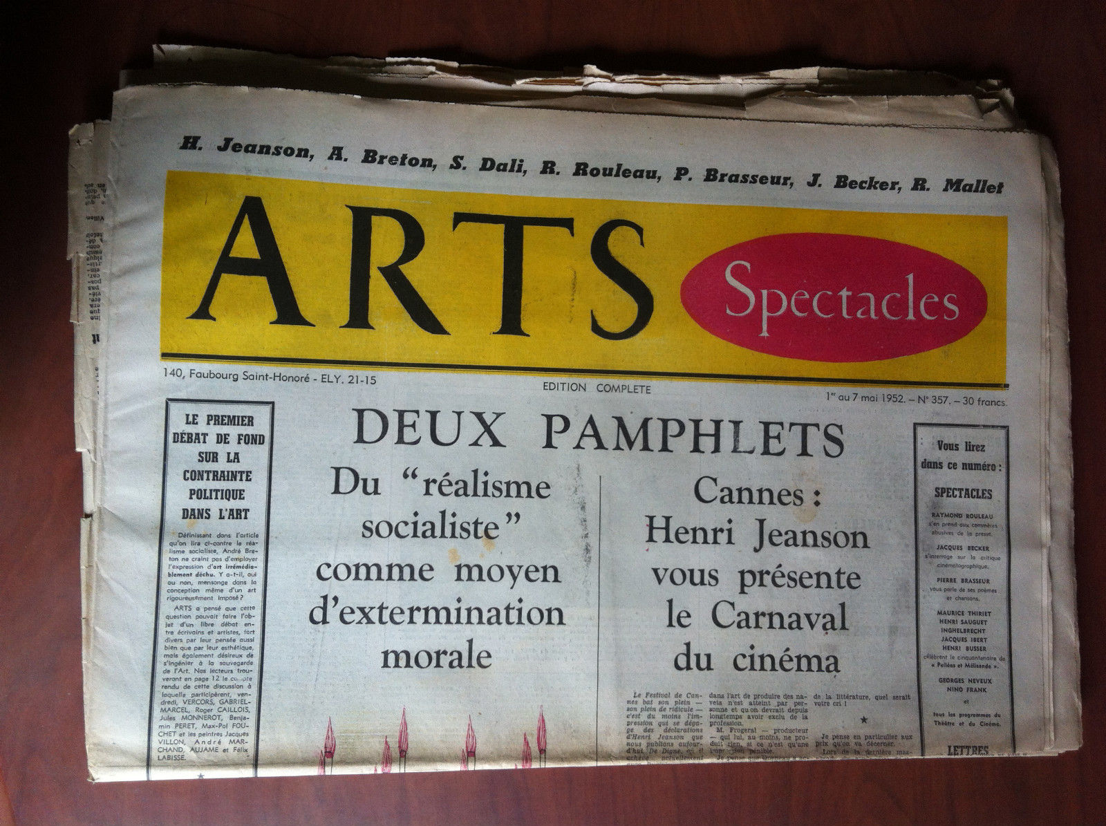 ARTS Beaux-Arts Litterature Spectacles 1 Mai 1952 n^ 357 Paris …