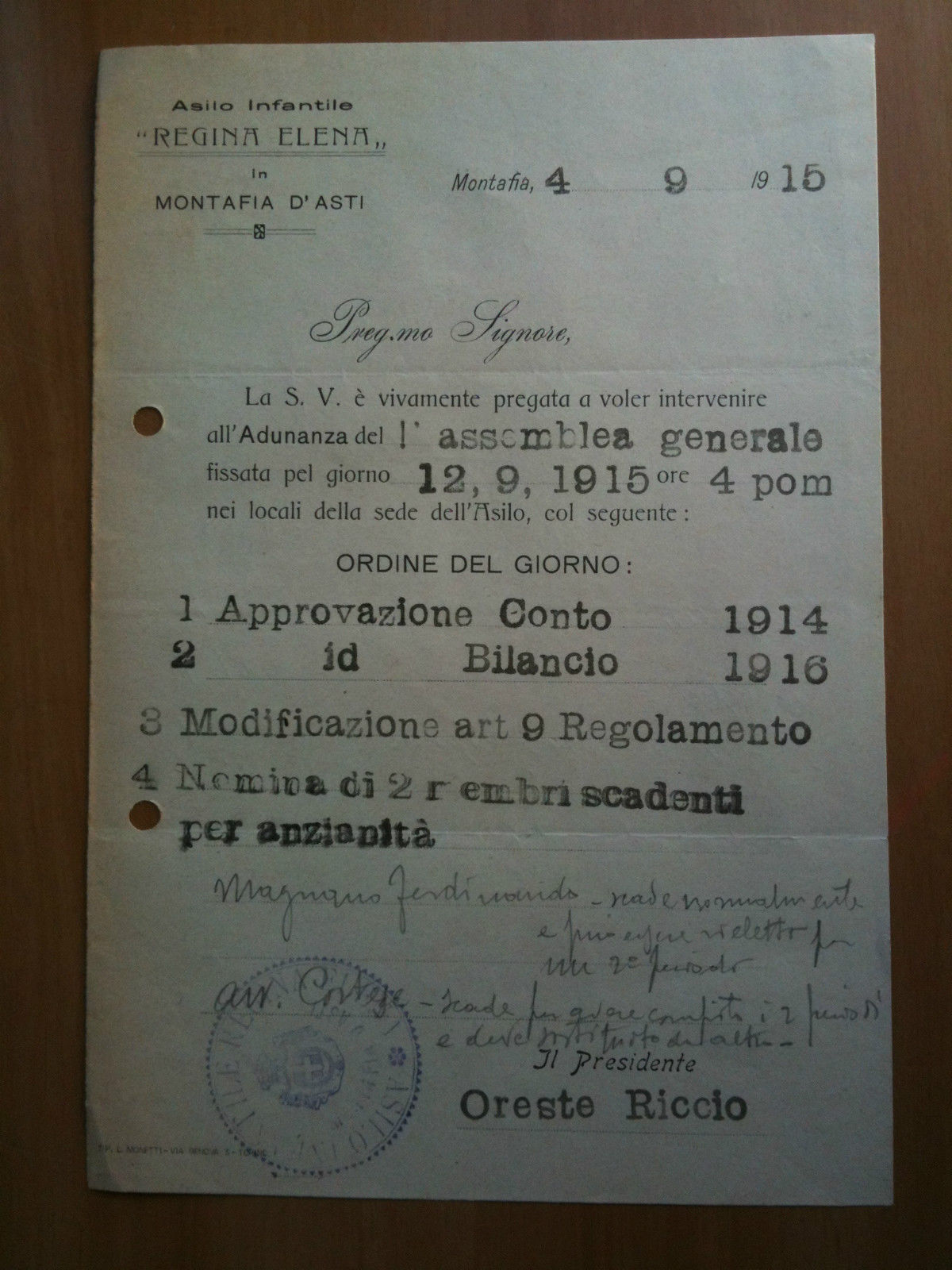 Asilo Infantile Regina Elena Montafia d'Asti convocazione assemblea 1915