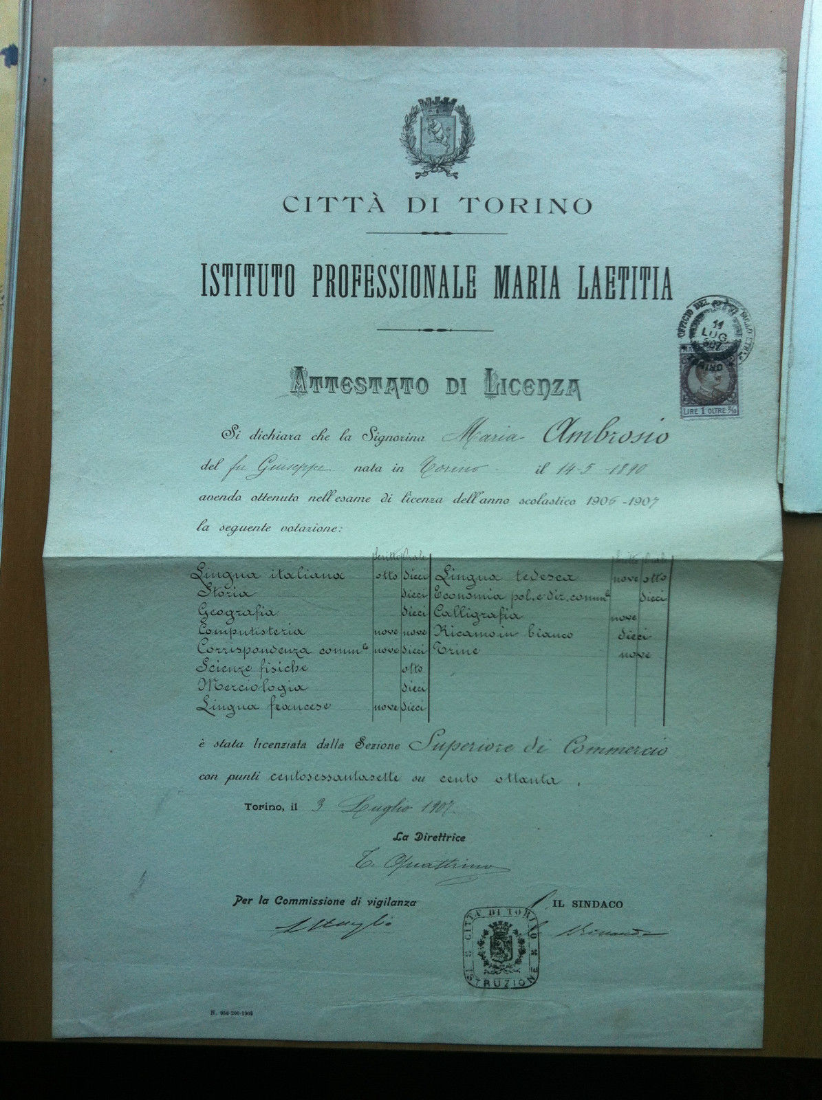 Attestato di Licenza Istituto Professionale Maria Laetitia Torino 1907 - …