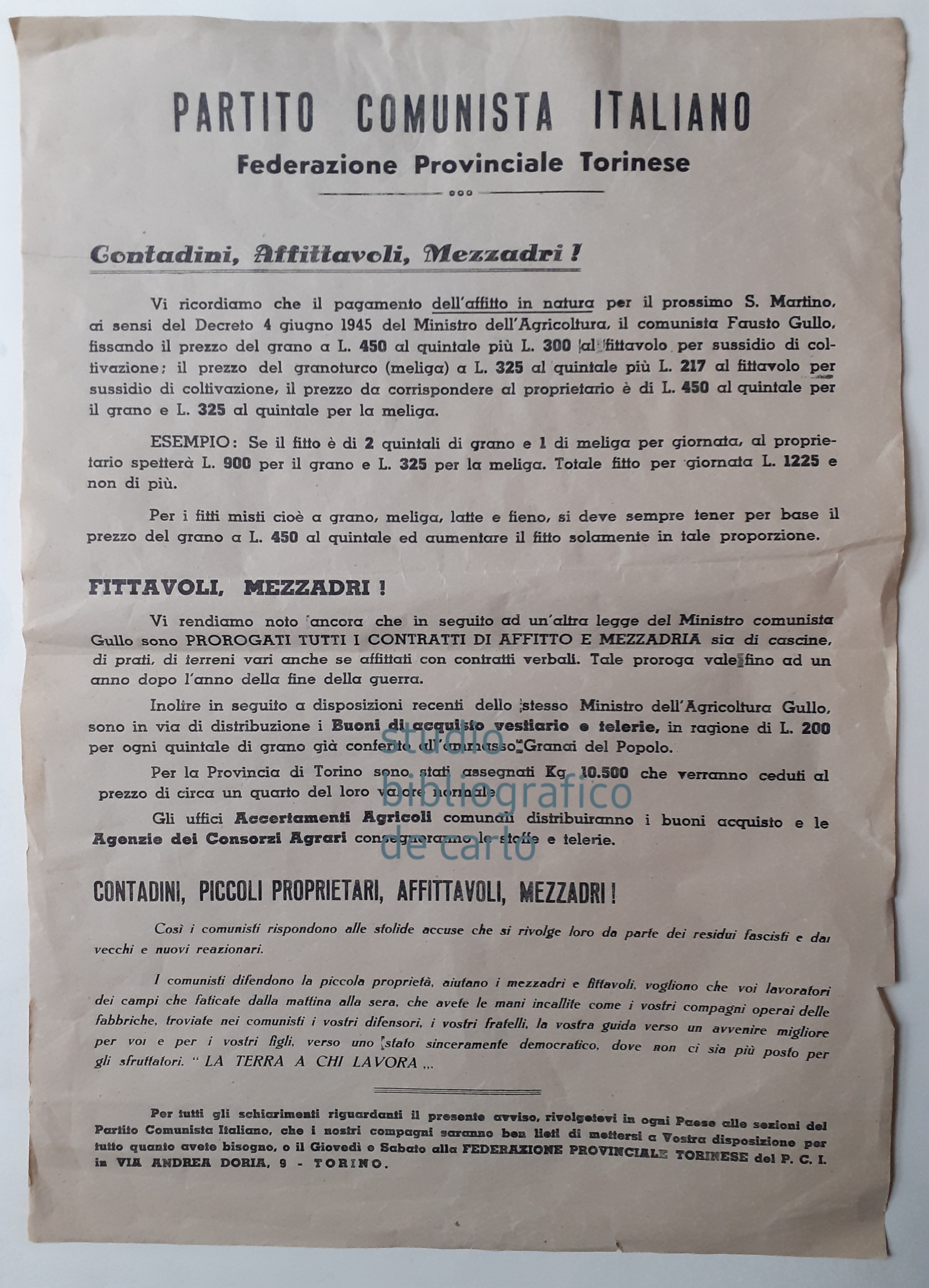 Avviso ai contadini Partito Comunista Italiano 1945