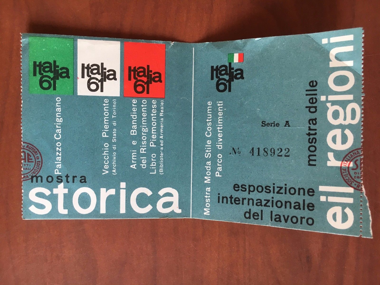 Biglietto ingresso Italia 61 Mostra Storica Esposizione Inter.le Lavoro - …