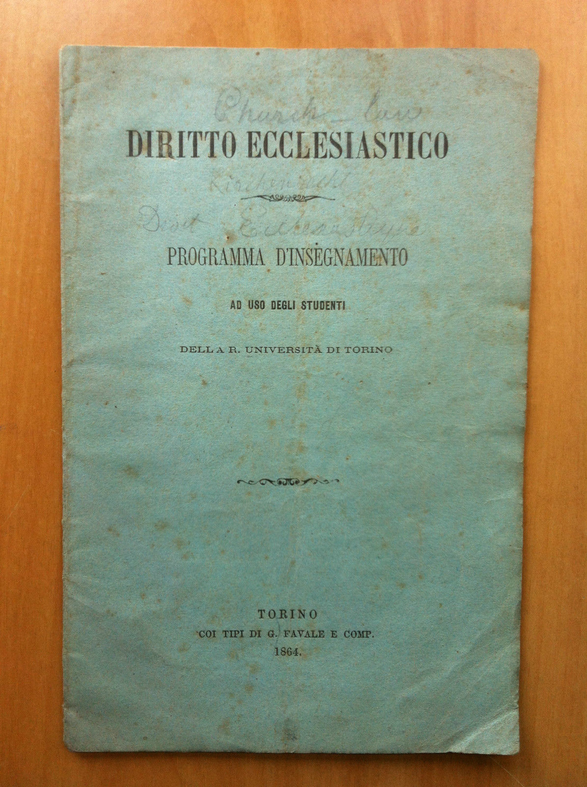 Brossura Diritto Ecclesiastico programma insegnamento Torino 1864 - E16596