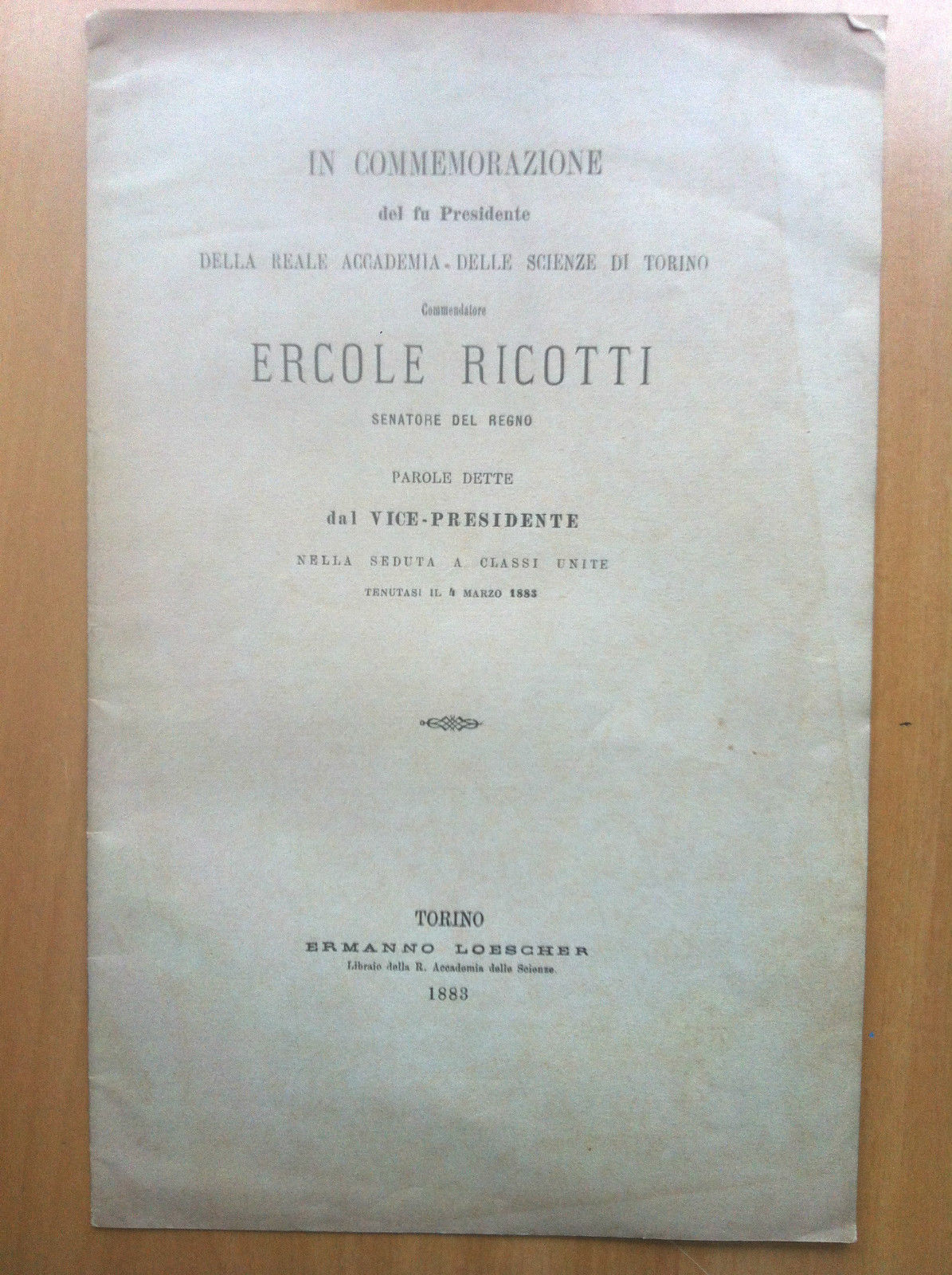 Brossura In memoria del Presidente Ercole Ricotti Reale Acc Scienze …