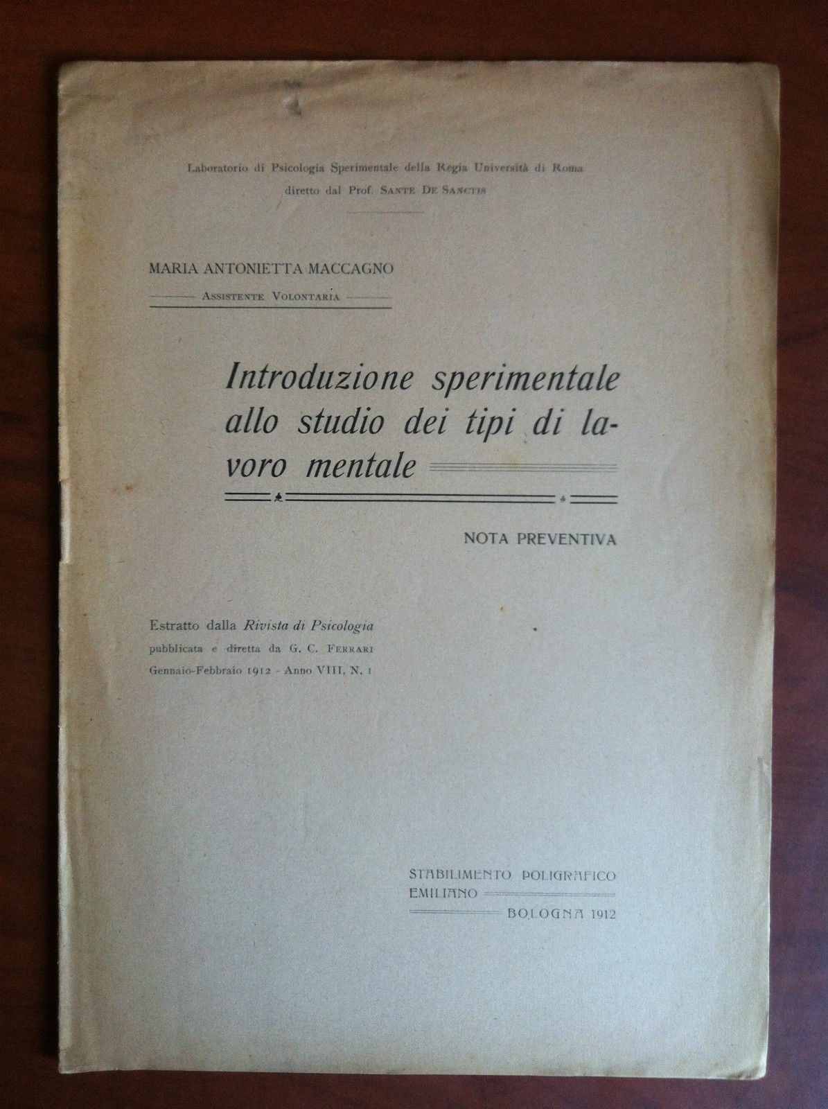 Brossura Introduzione sperimentale studio tipi di lavoro mentale 1912 - …