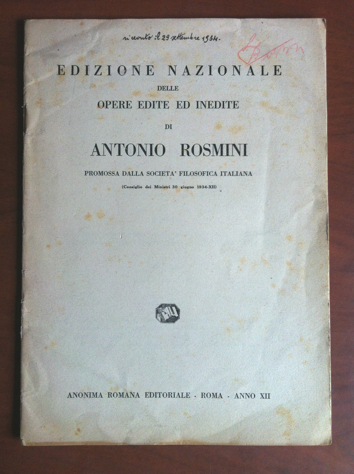 Brossura opere edite ed inedite di Antonio Rosmini 1934 - …