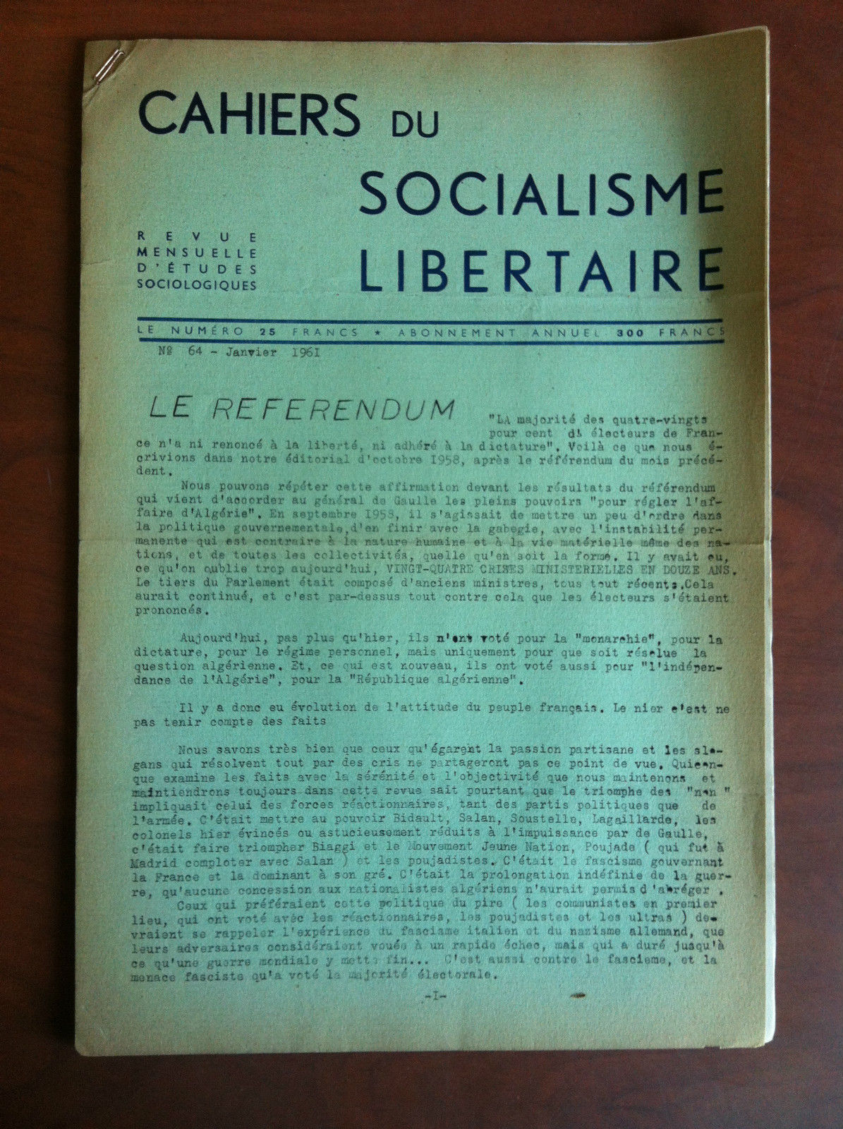 Cahiers du socialisme libertaire n^ 64 Janvier 1961 - E19700