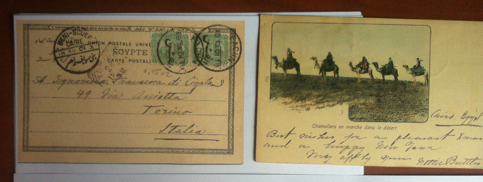Cartolina 1901 Egitto Cammellieri nel deserto - viaggiata - E12785