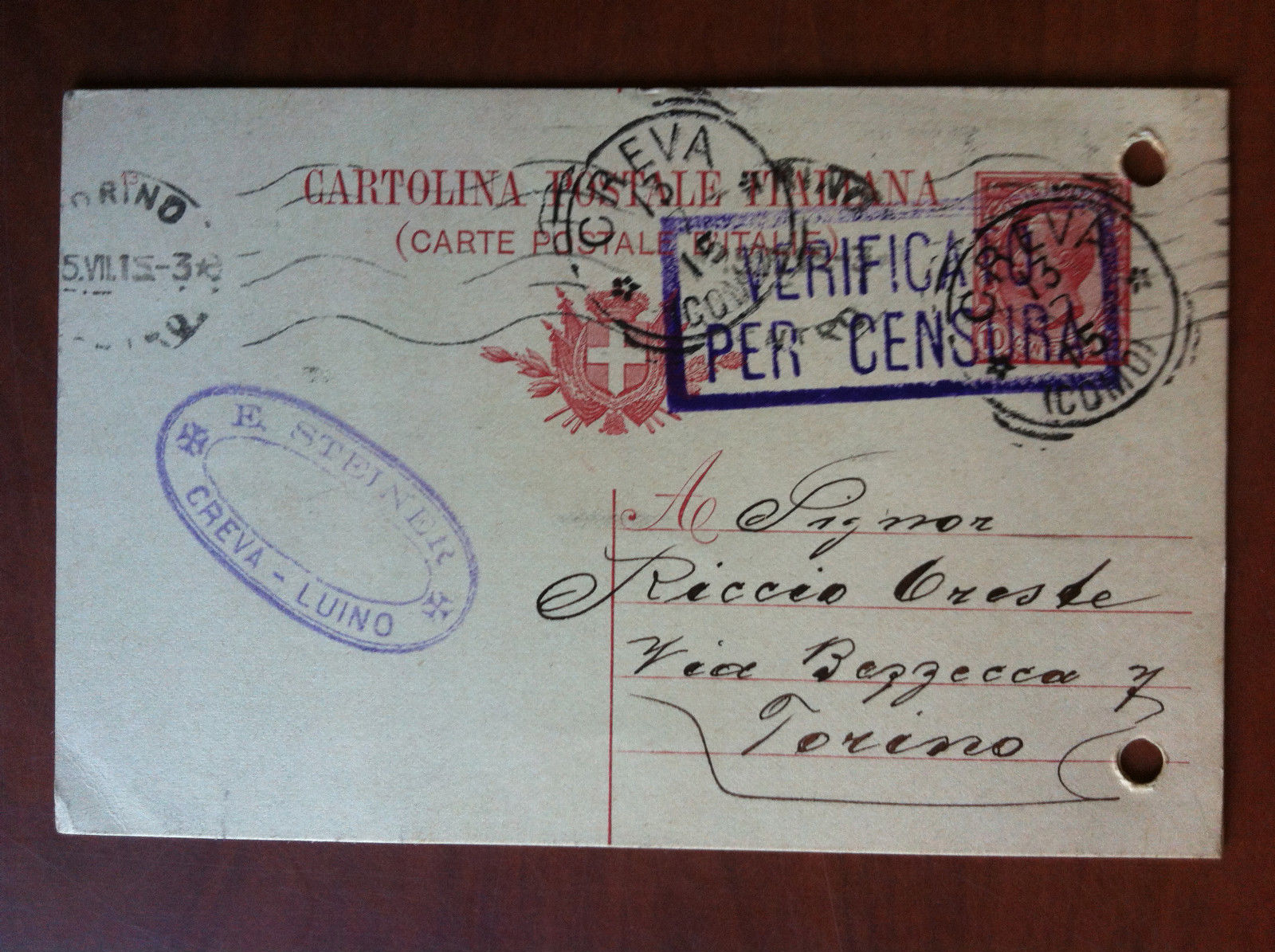 Cartolina 1915 Creva Como Verificata per Censura Viaggiata - E11715