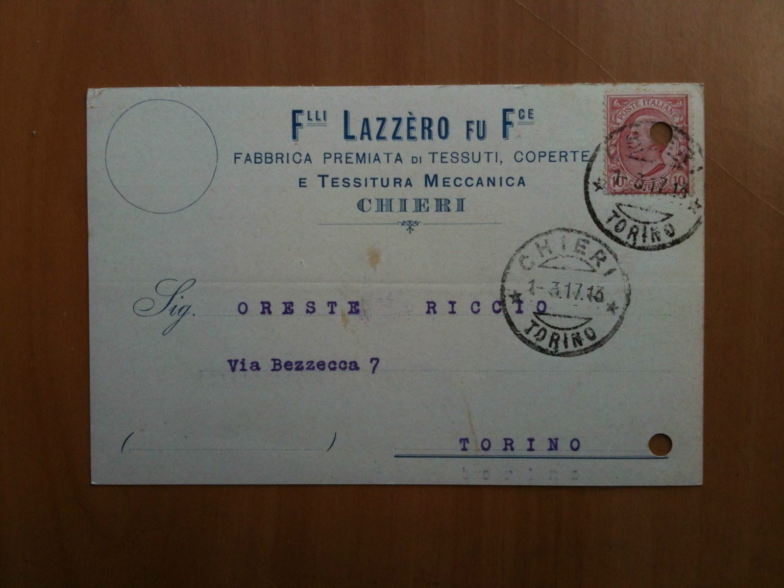 Cartolina Commerciale inizi '900 F.lli Lazzèro Chieri (TO) - viaggiata