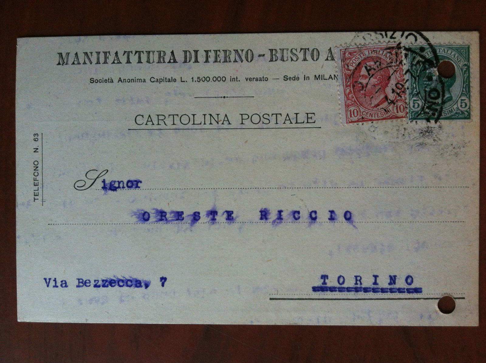 Cartolina commerciale originale Manifattura di Ferno Busto A. 1919 - …