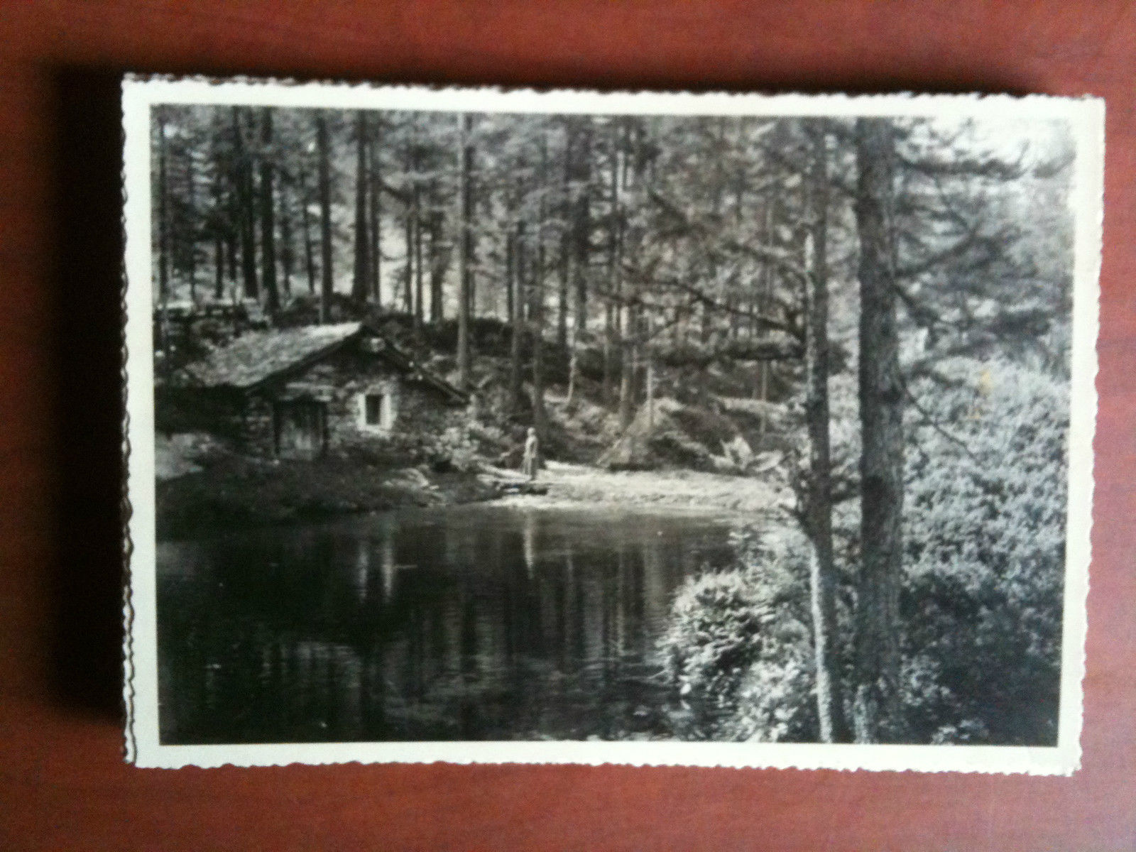 Cartolina fotografia vera anni '30 Baita su lago montano