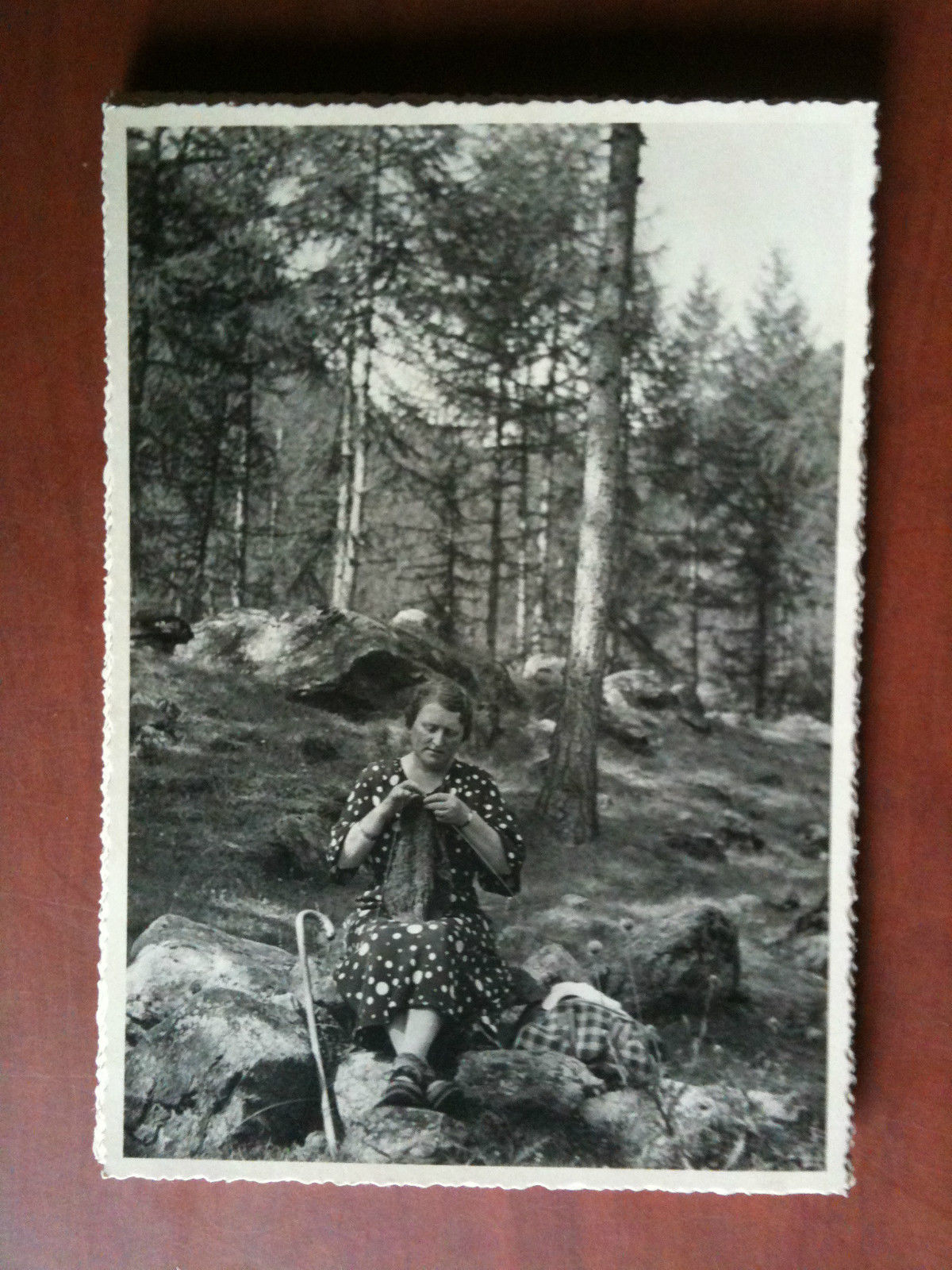 Cartolina fotografia vera anni '30 Donna che lavora a maglia …