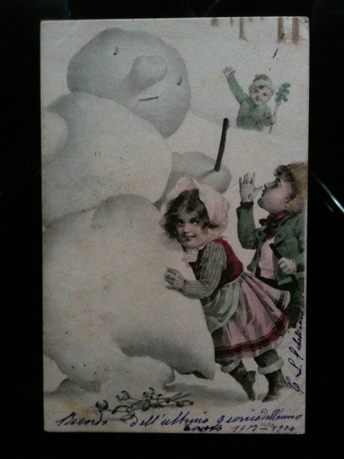 Cartolina illustrata bimbi con pupazzo di neve 1904 - viaggiata