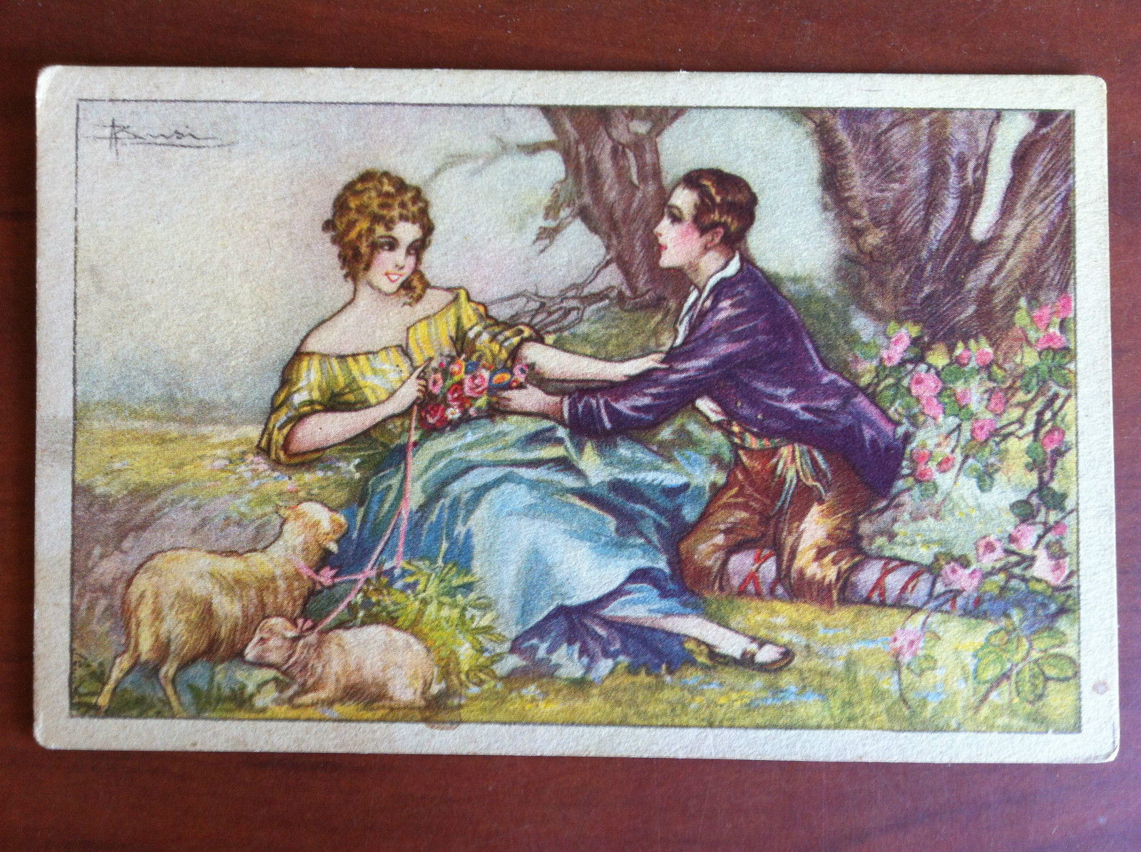Cartolina inizi '900 Illustrazione Pastorella ed innamorato non viaggiata E10854