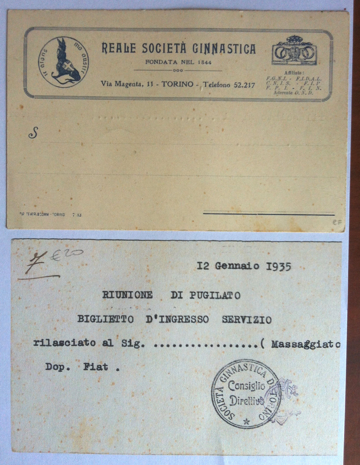 Cartolina originale 1935 Reale Società Ginnastica pugilato non viaggiata E12840