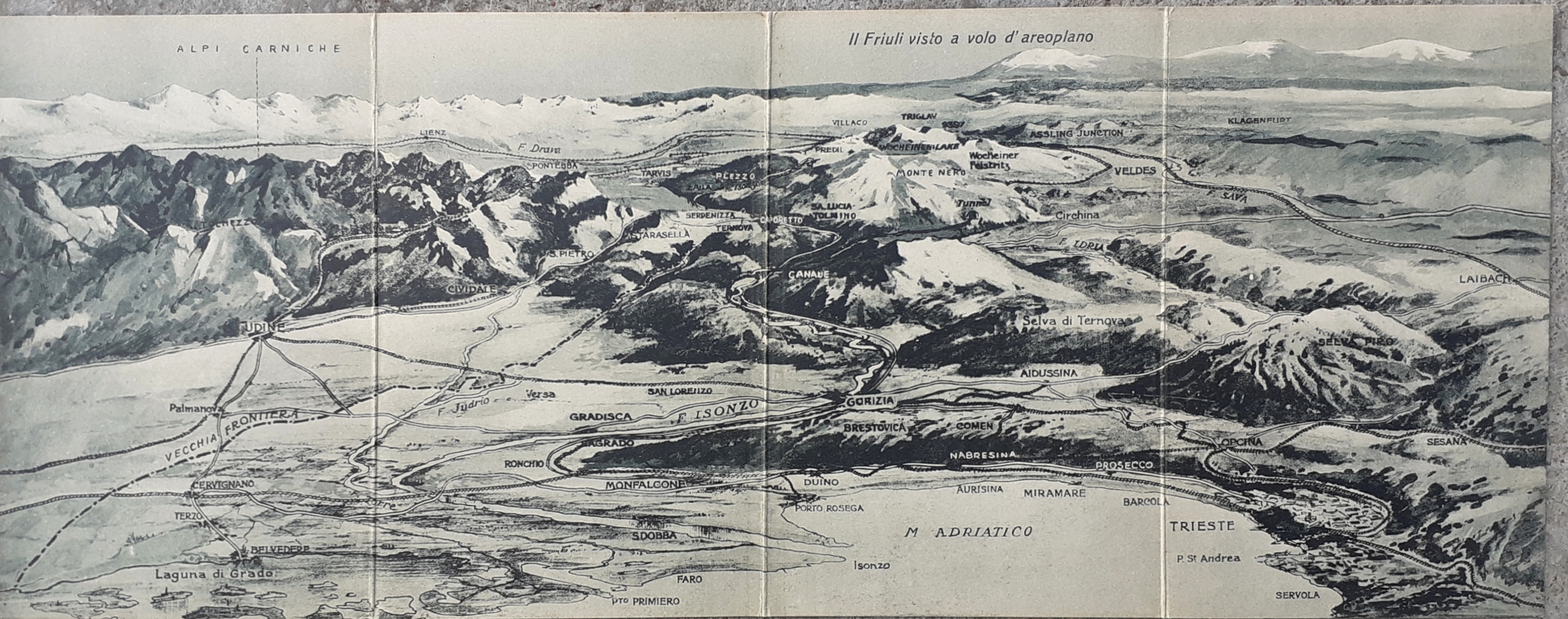 Cartolina panoramica ripiegata in 4 "Il Friuli a volo d'areoplano" …