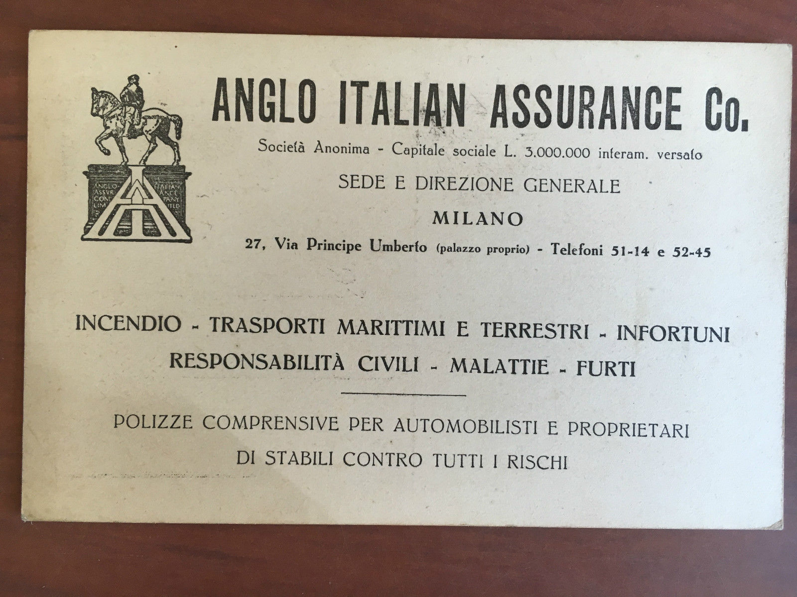Cartolina pubblicitaria inizi '900 Anglo Italian Assurance Co. Milano- E21673