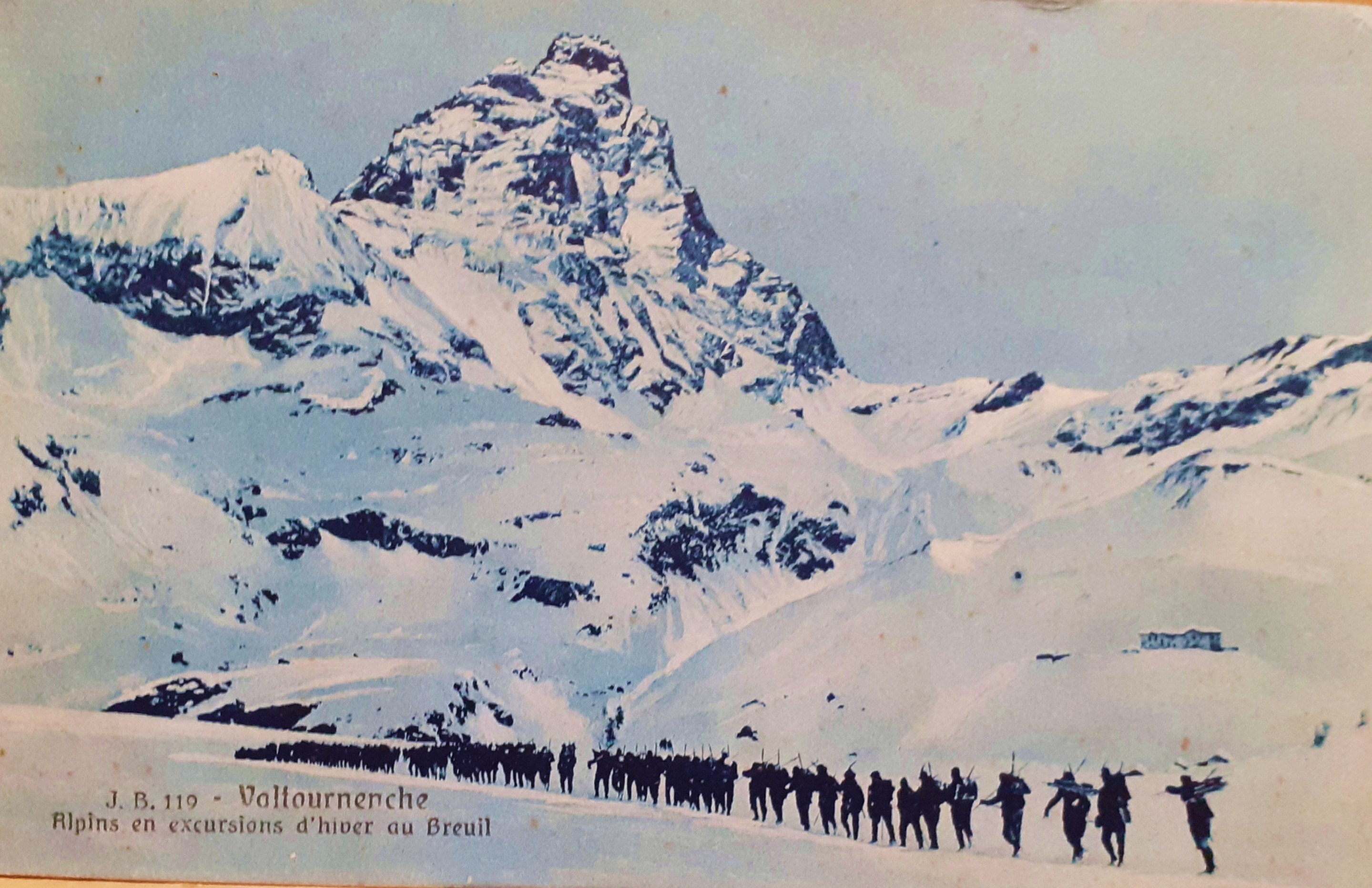 Cartolina Valtournenche Alpini en excursions d'hiver au Breuil 1911
