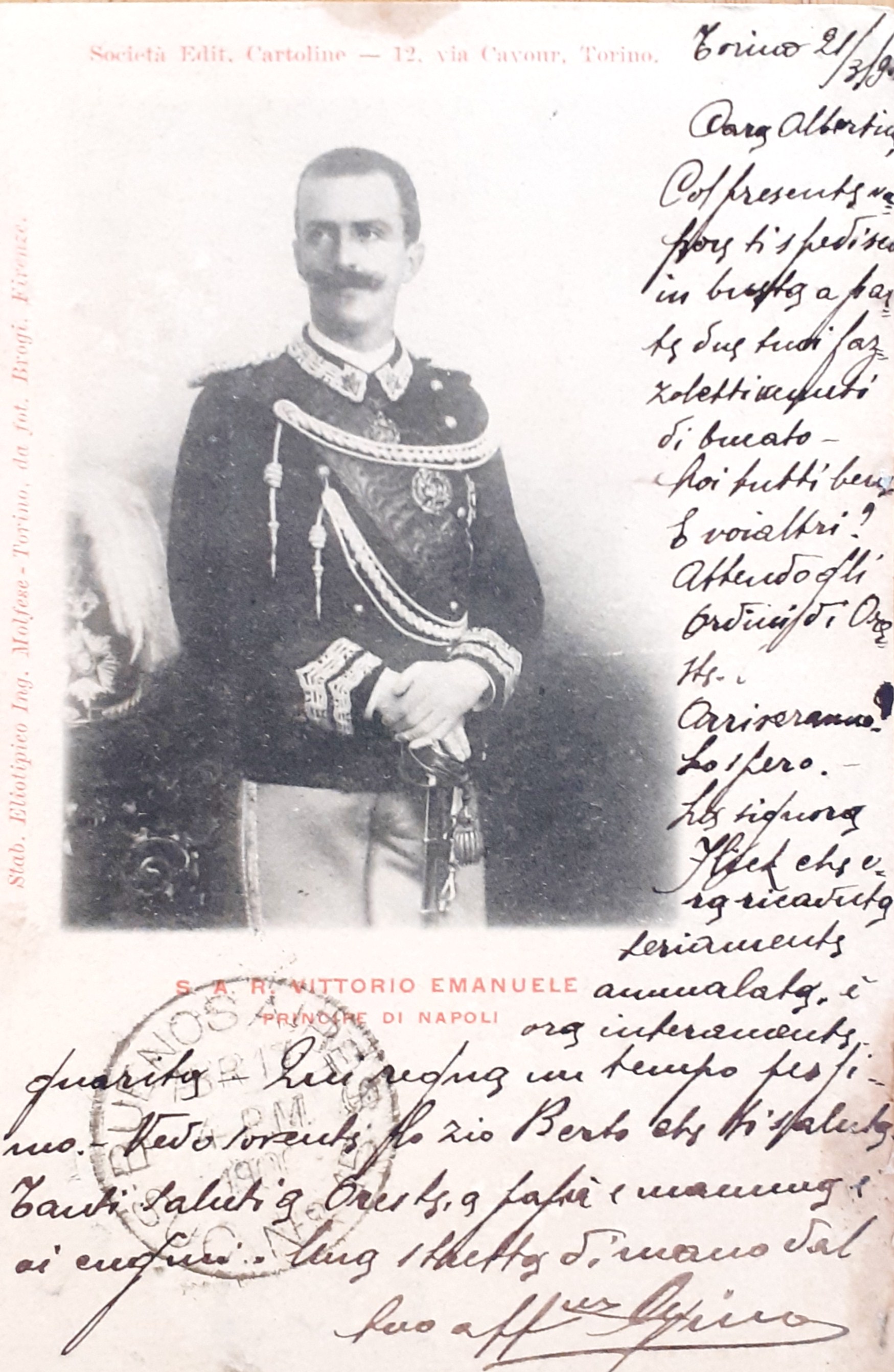 Cartolina viaggiata S.A.R. Vittorio Emanuele Principe di Napoli 1900