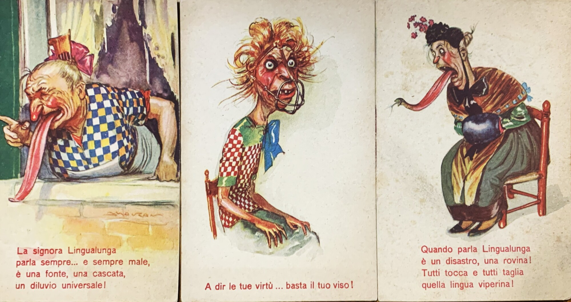 Cartoline illustrate La signora Lingualunga - Una firmata da Mauzan …