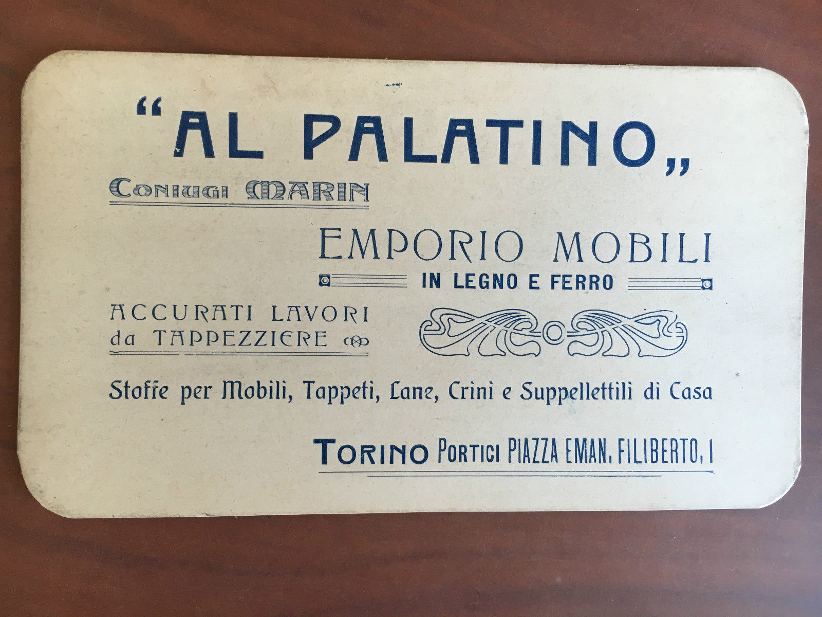 Cartoncino pubblicitario originale inizi '900 Al Palatino Coniugi Marin - …